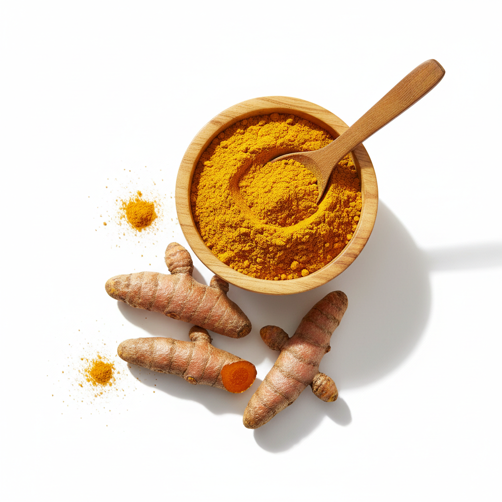 Turmeric powder in a wooden bowl with whole turmeric roots on white background