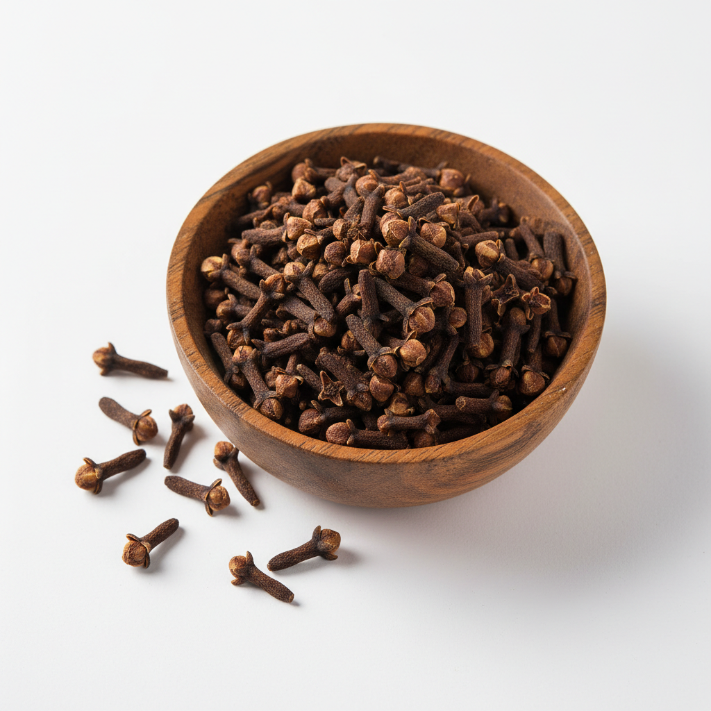 Whole cloves in a wooden bowl on white background