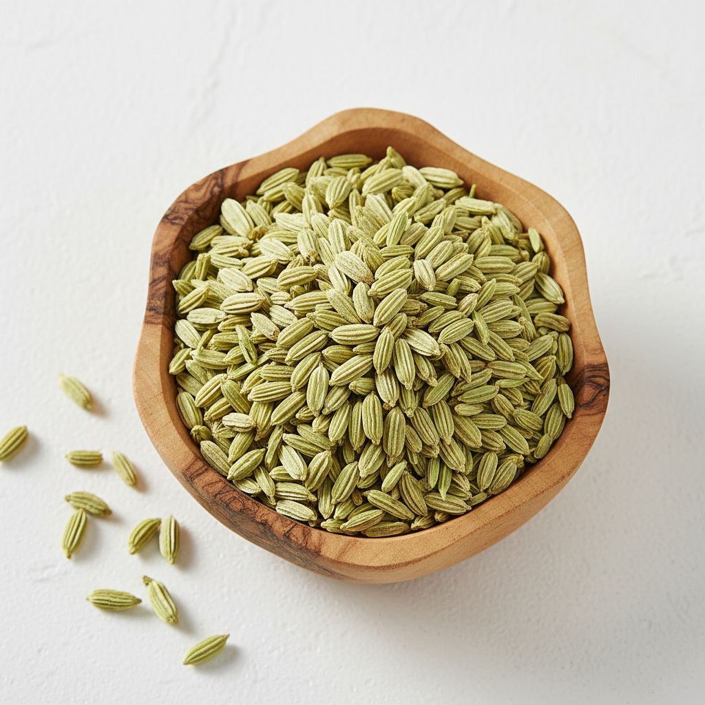 Whole fennel seeds in a wooden bowl on white background