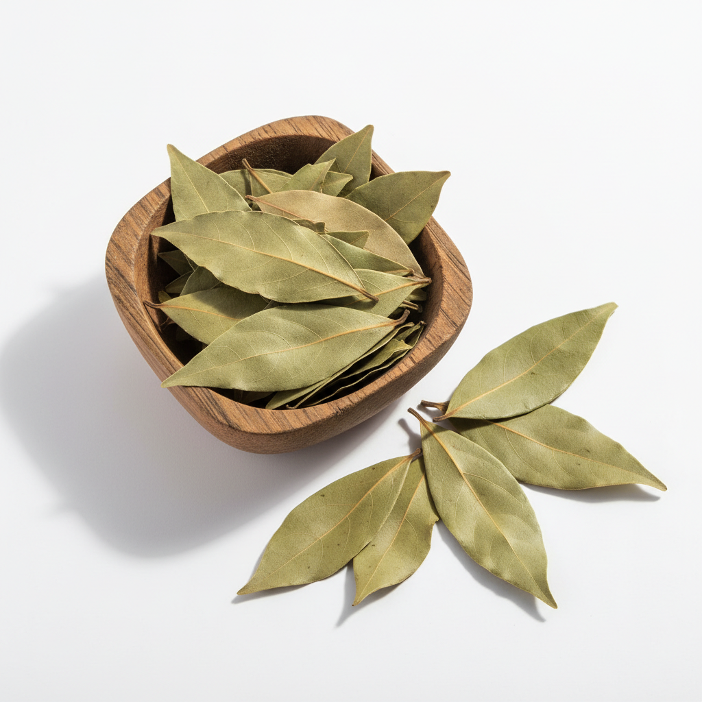 Dried bay leaves in a wooden bowl on white background