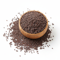 Whole mustard seeds in a wooden bowl on white background