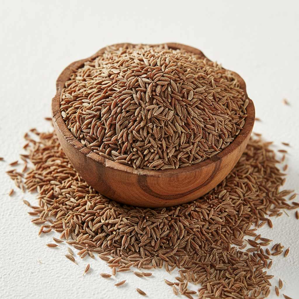 Whole cumin seeds in a wooden bowl on white background