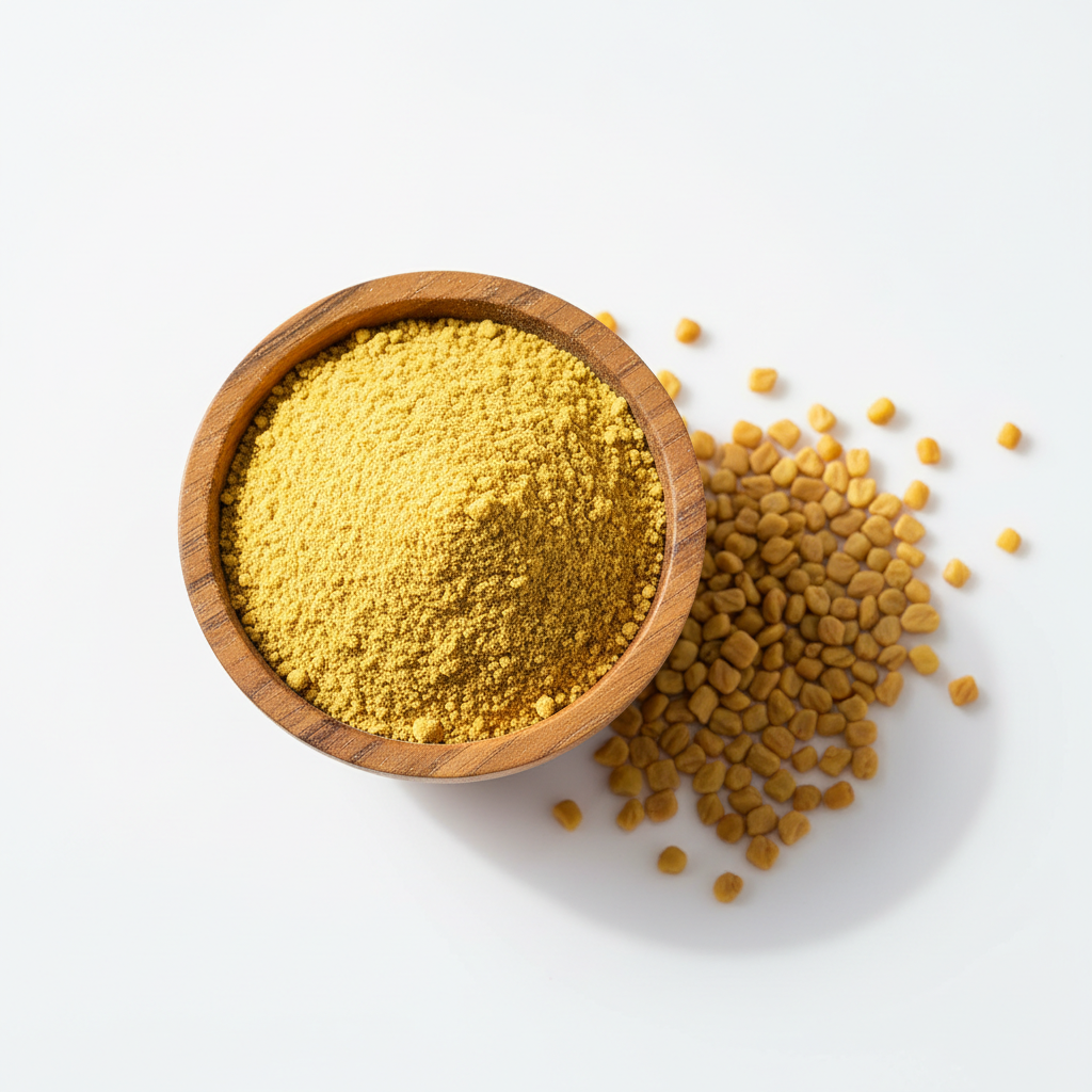 Fenugreek powder in a wooden bowl with whole fenugreek seeds on white background
