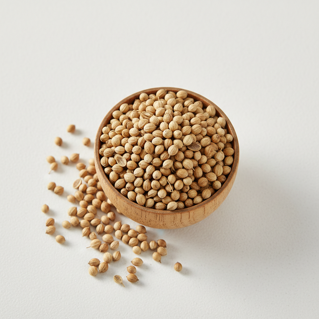 Whole coriander seeds in a wooden bowl on white background