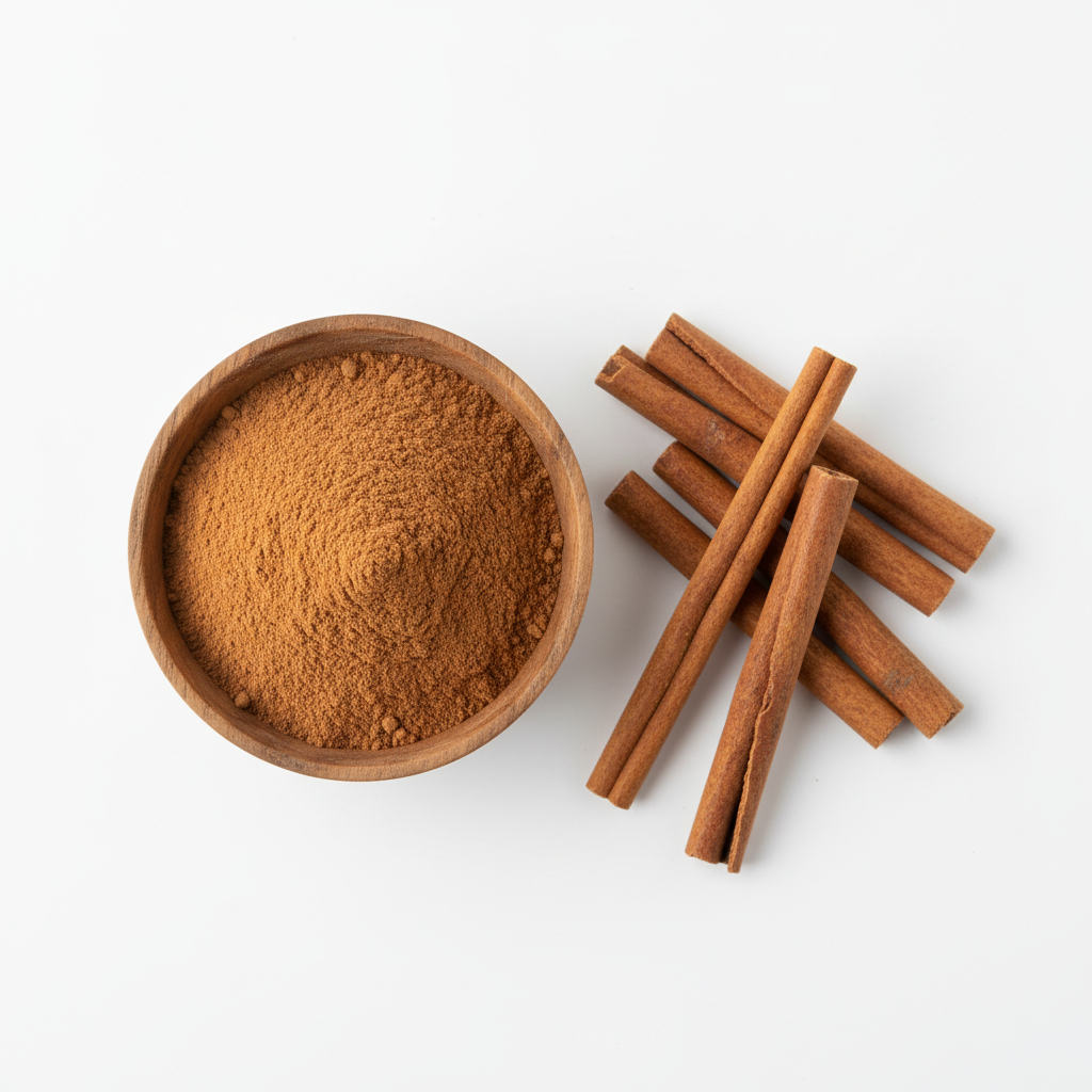 Cinnamon powder in a wooden bowl with cinnamon sticks on white background