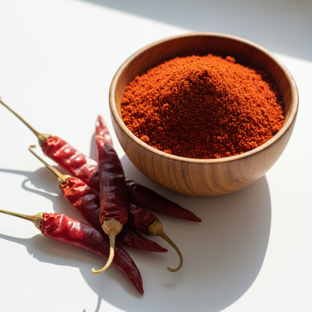 Red chili powder in a wooden bowl with whole dried red chilies on white background