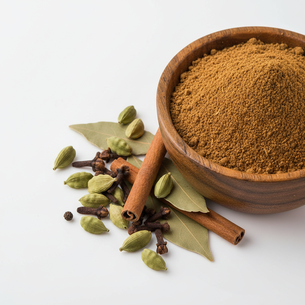 Garam masala powder in a wooden bowl with whole spices on white background