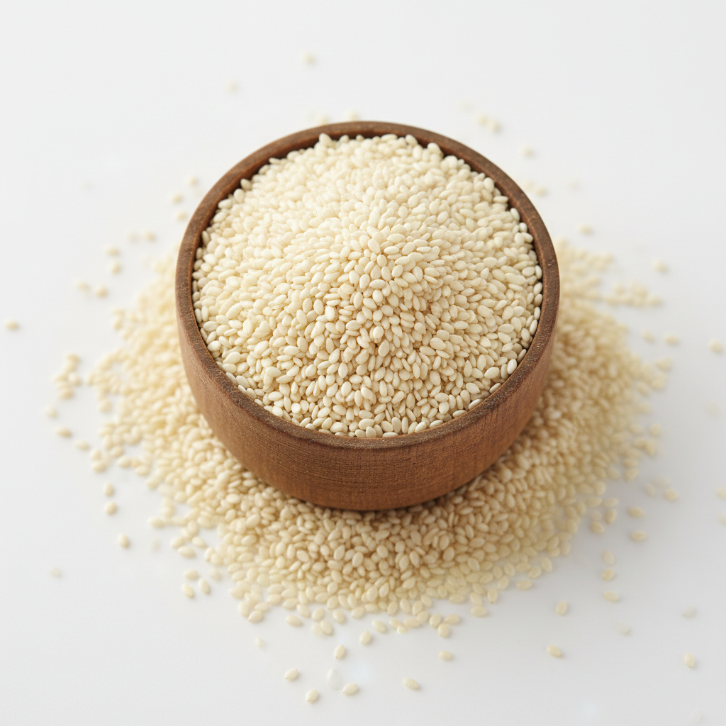 White sesame seeds in a wooden bowl on white background