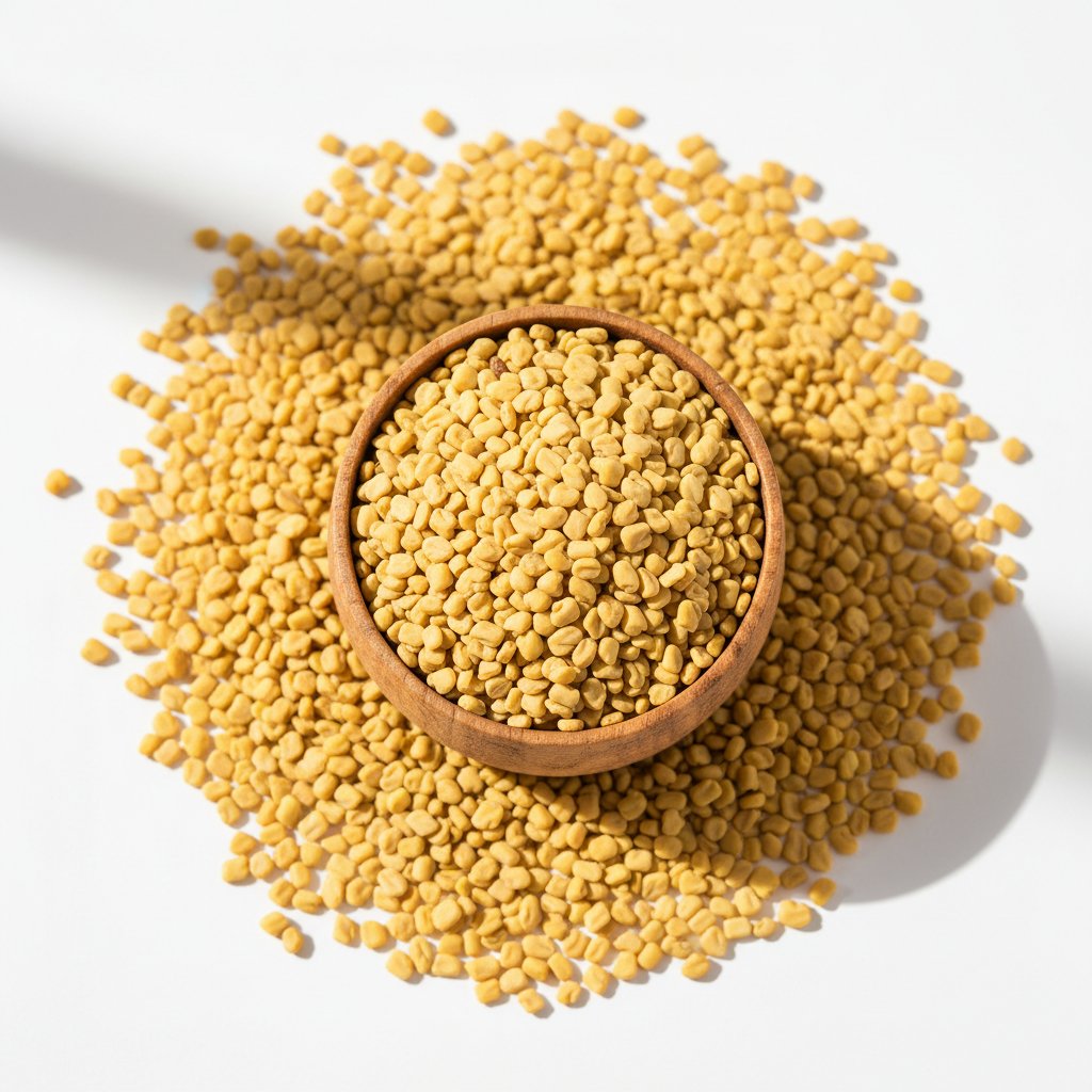 Whole fenugreek seeds in a wooden bowl on white background