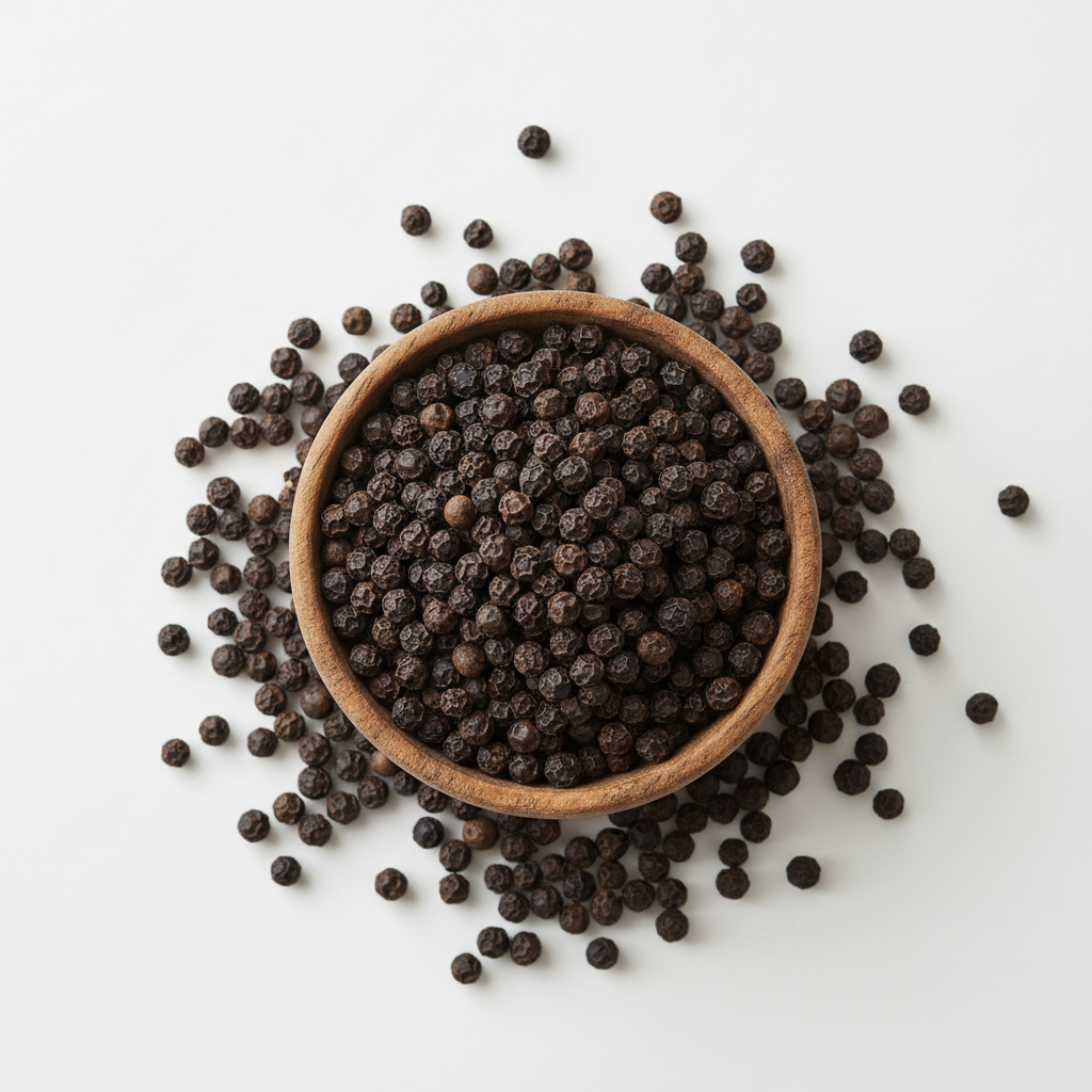 Whole black peppercorns in a wooden bowl on white background